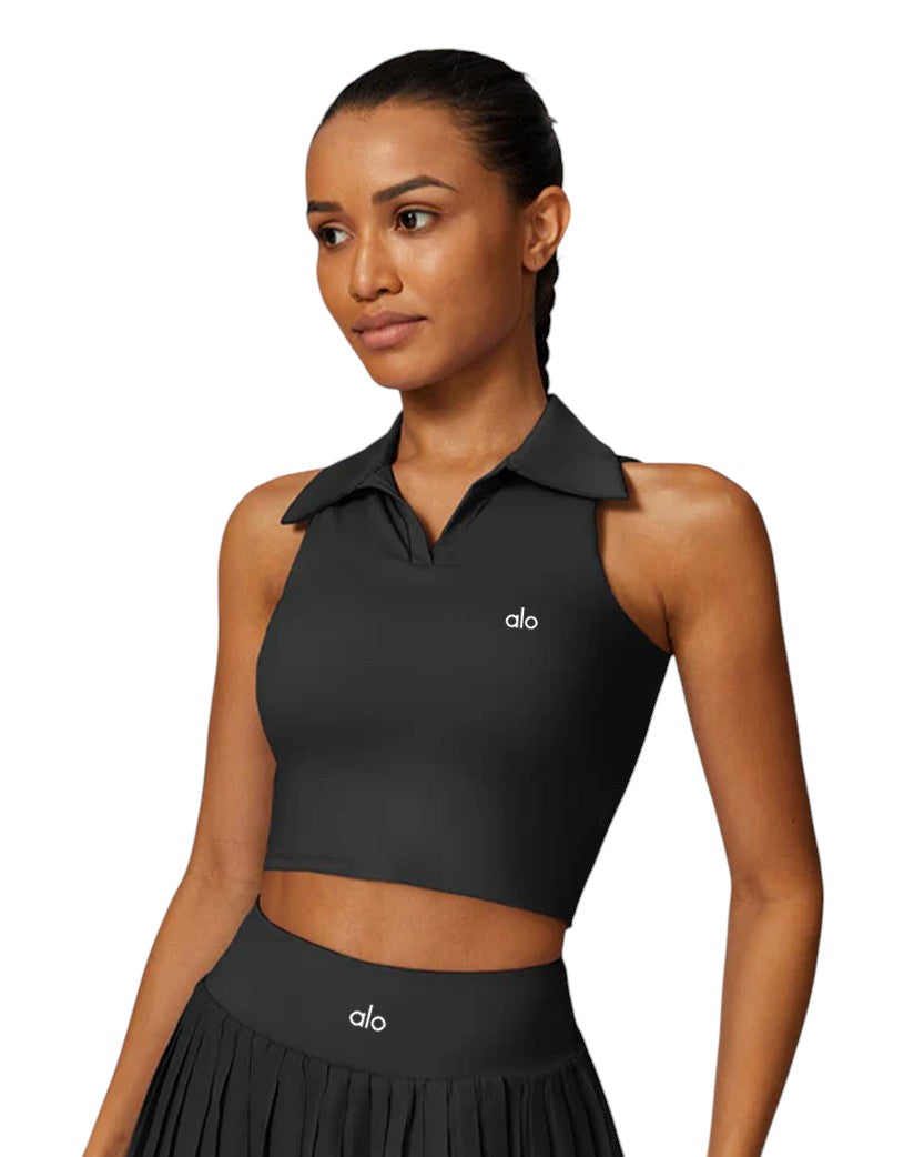 Alo Yoga Sleeveless Polo Crop Top Black