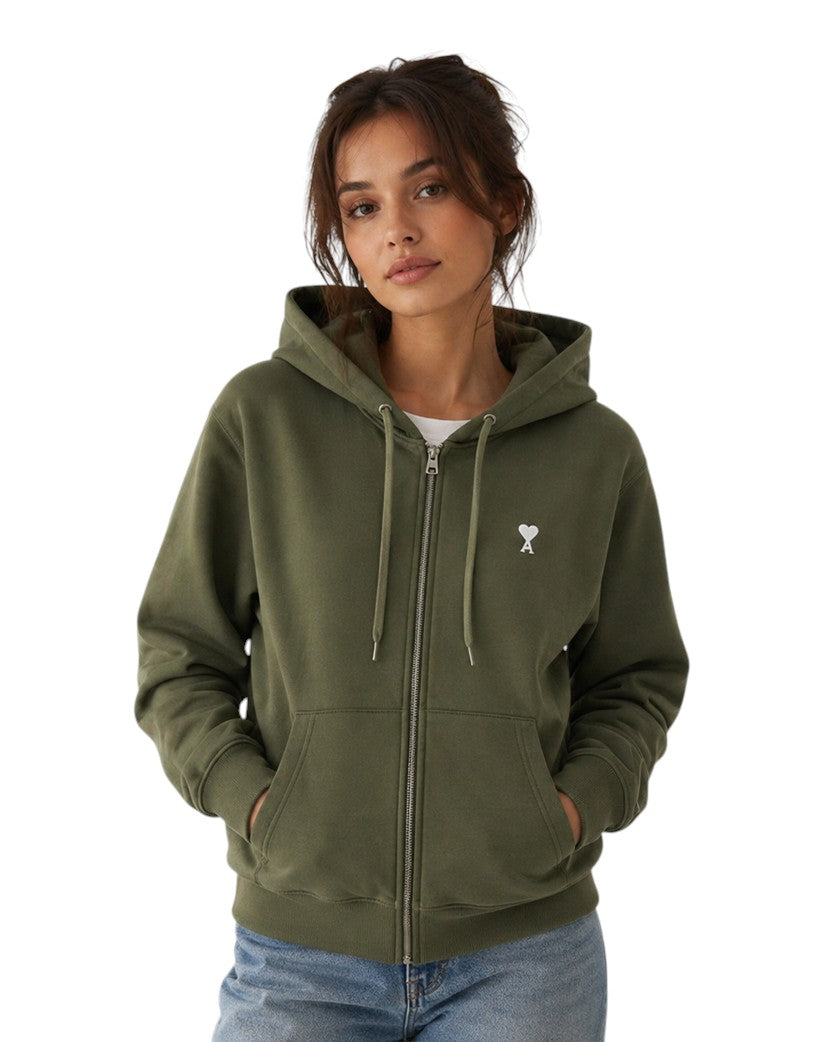 AMI Paris Ami De Coeur White Heart Zipped Hoodie Military Green