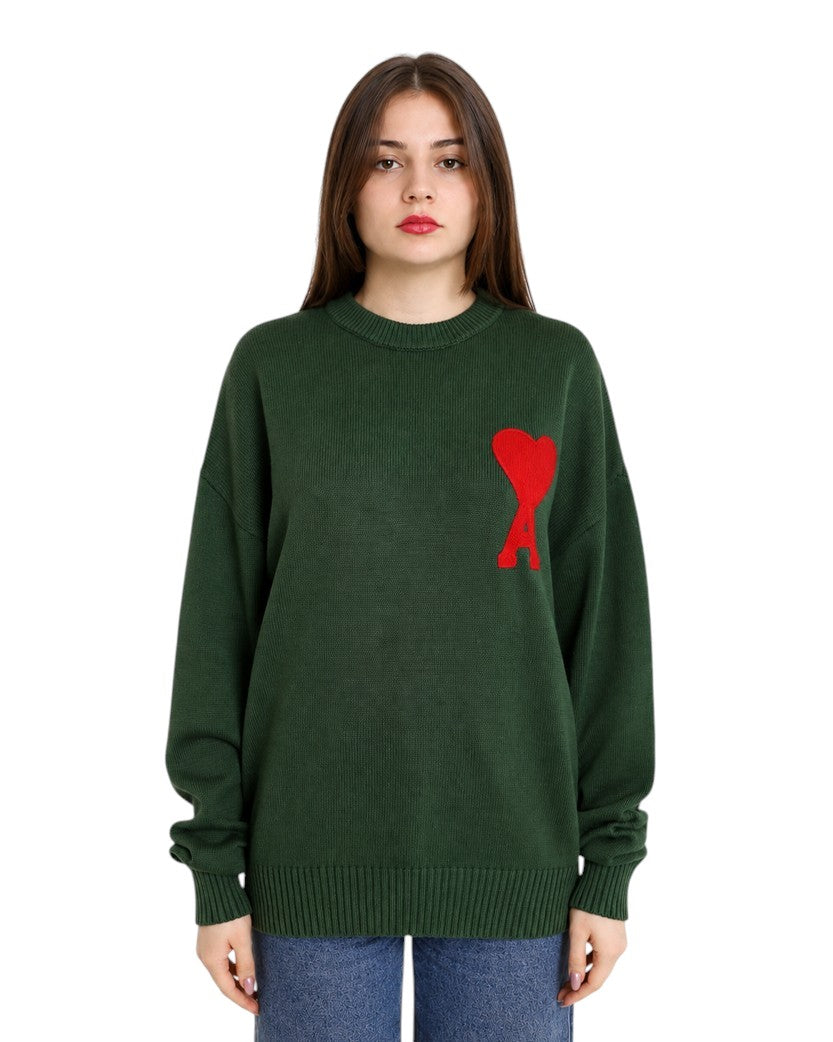 AMI Paris Ami De Coeur Oversize Sweater Green Red Heart