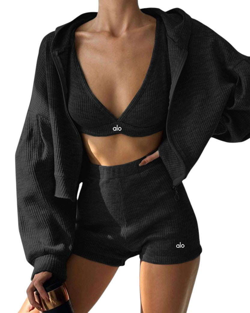 Alo Yoga Ribbed Three-Piece Tracksuit Black