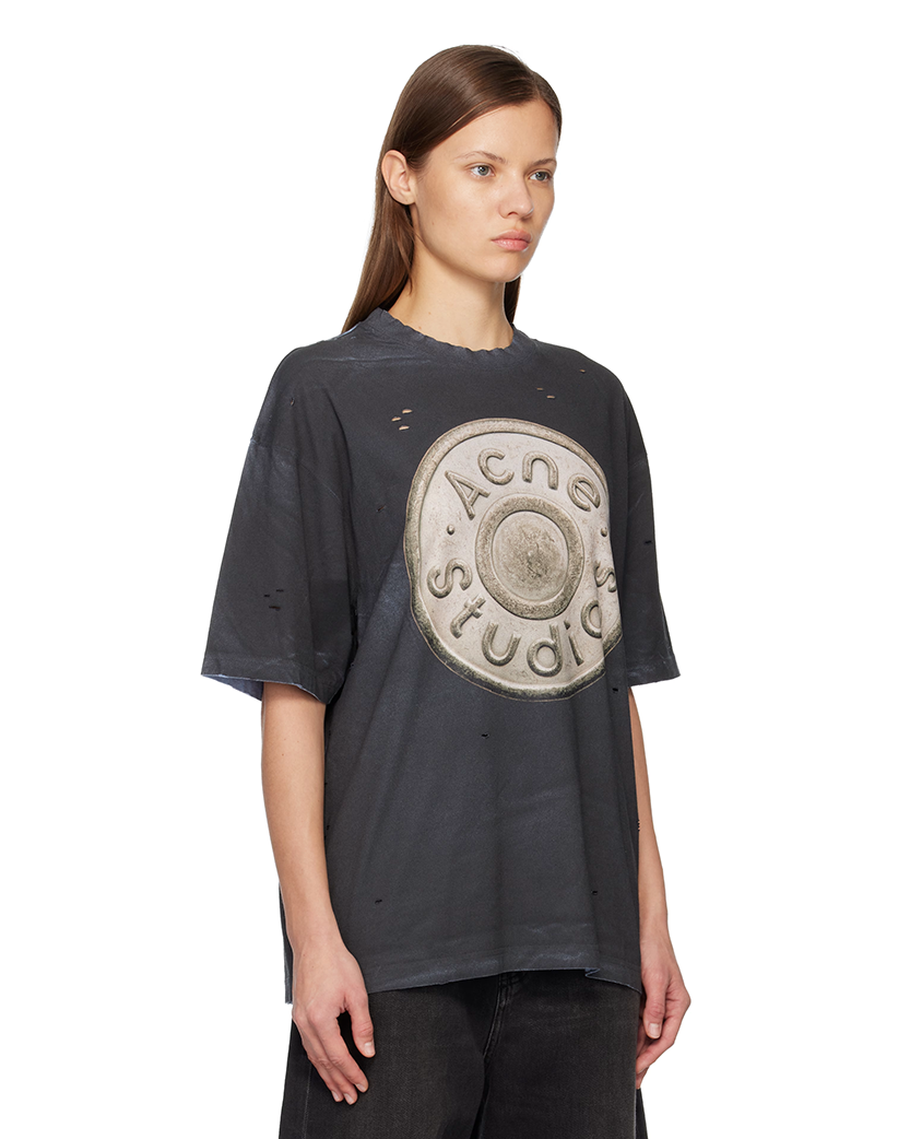 Acne Studios Button Logo Distressed T-Shirt Black