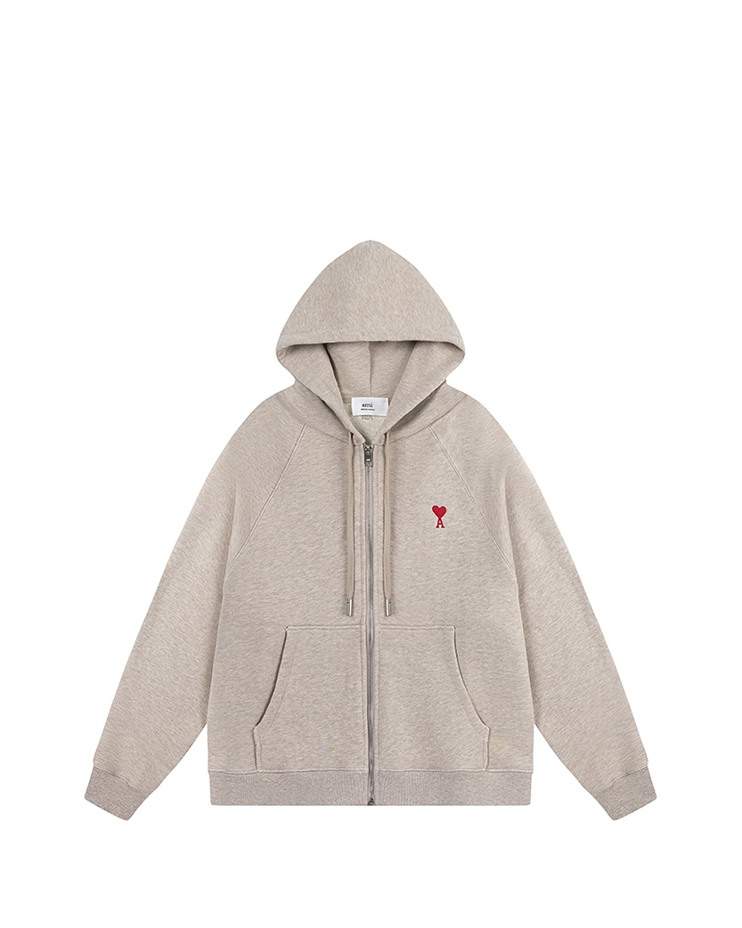 AMI Paris Ami De Coeur Small Logo Zipped Hoodie Heather Beige