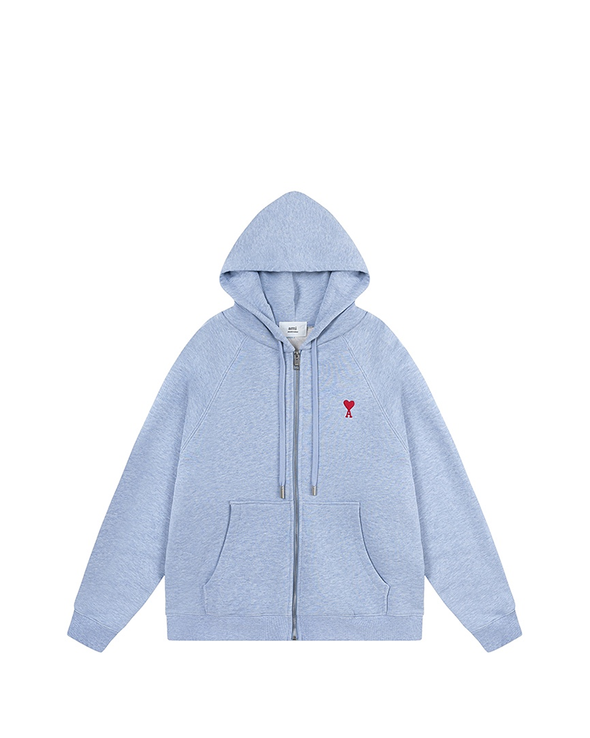 AMI Paris Ami De Coeur Small Logo Zipped Hoodie Heather Blue