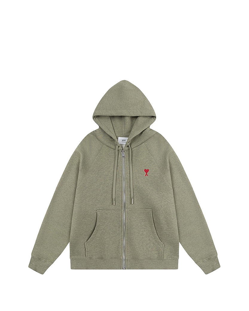 AMI Paris Ami De Coeur Small Logo Zipped Hoodie Heather Green
