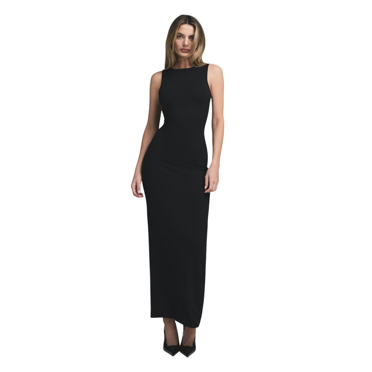 Skims Smooth Layers Long Boat Neck Dress Obsidian