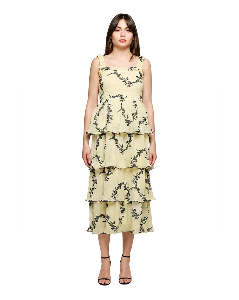 GANNI Floral Pleated Georgette Midi Dress Yellow