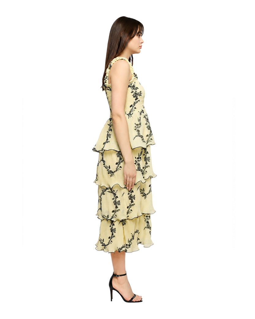 GANNI Floral Pleated Georgette Midi Dress Yellow
