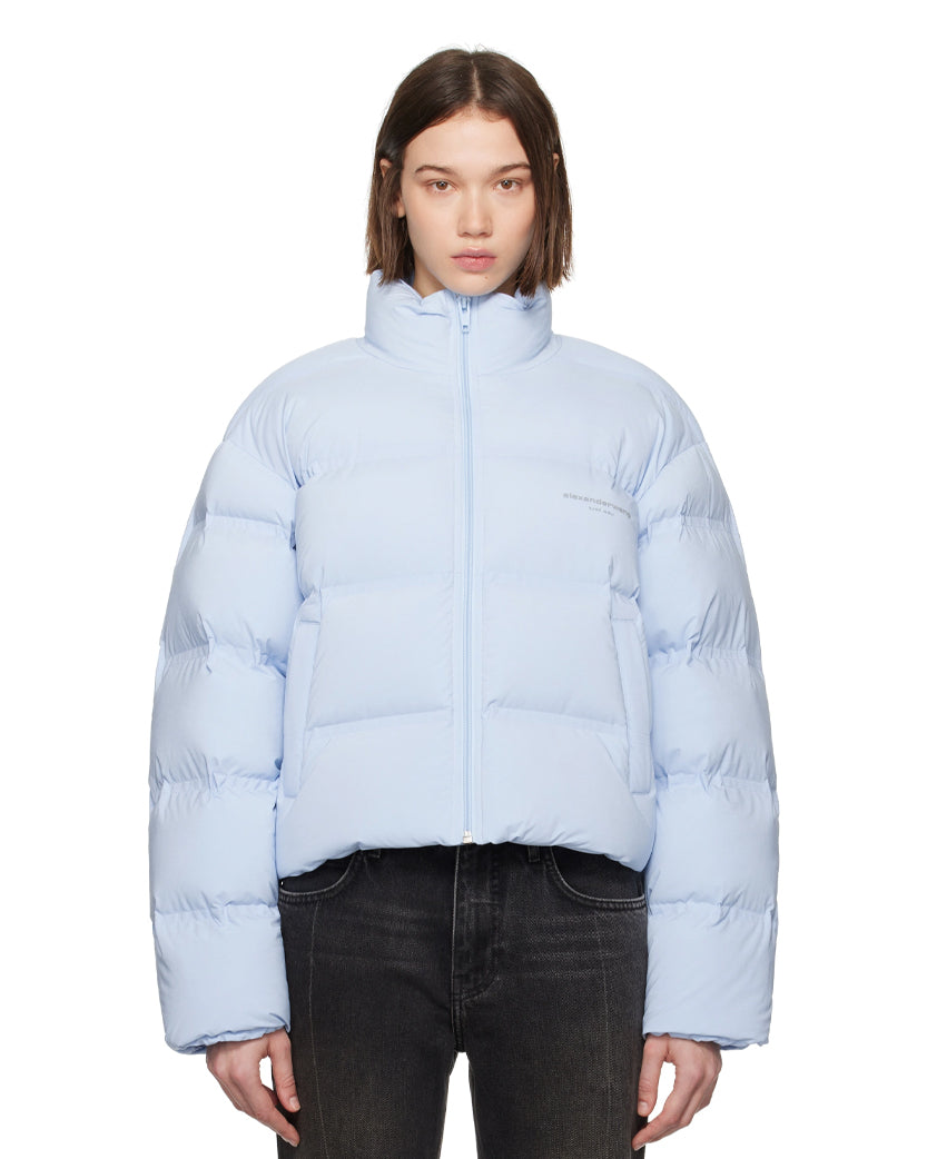 Alexander Wang Cropped Puffer Coat With Reflective Logo Light Blue