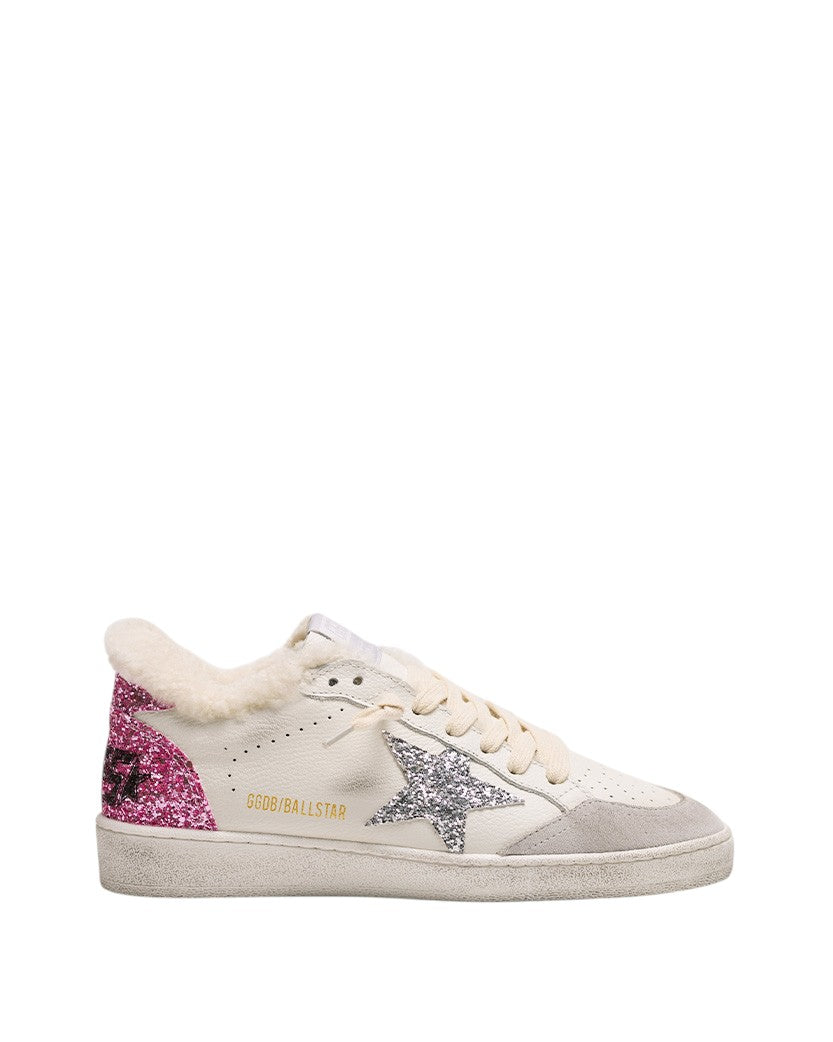 Golden Goose Ball Star in Wool White with Glitter Silver Star and Pink Heel Tab