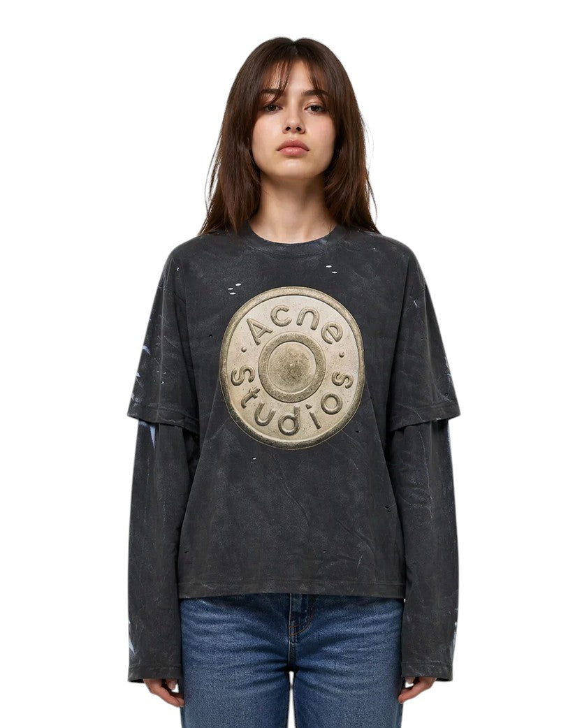 Acne Studios Button Logo Distressed Layered Long Sleeve Black