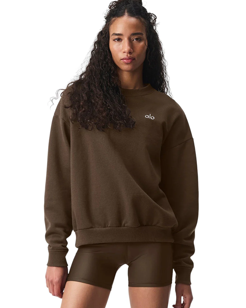 Alo Yoga Accolade Crew Neck Pullover Silver Logo Espresso