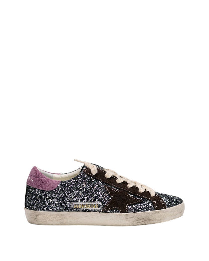 Golden Goose Super-Star in Glitter with Brown Star and Lilac Heel Tab