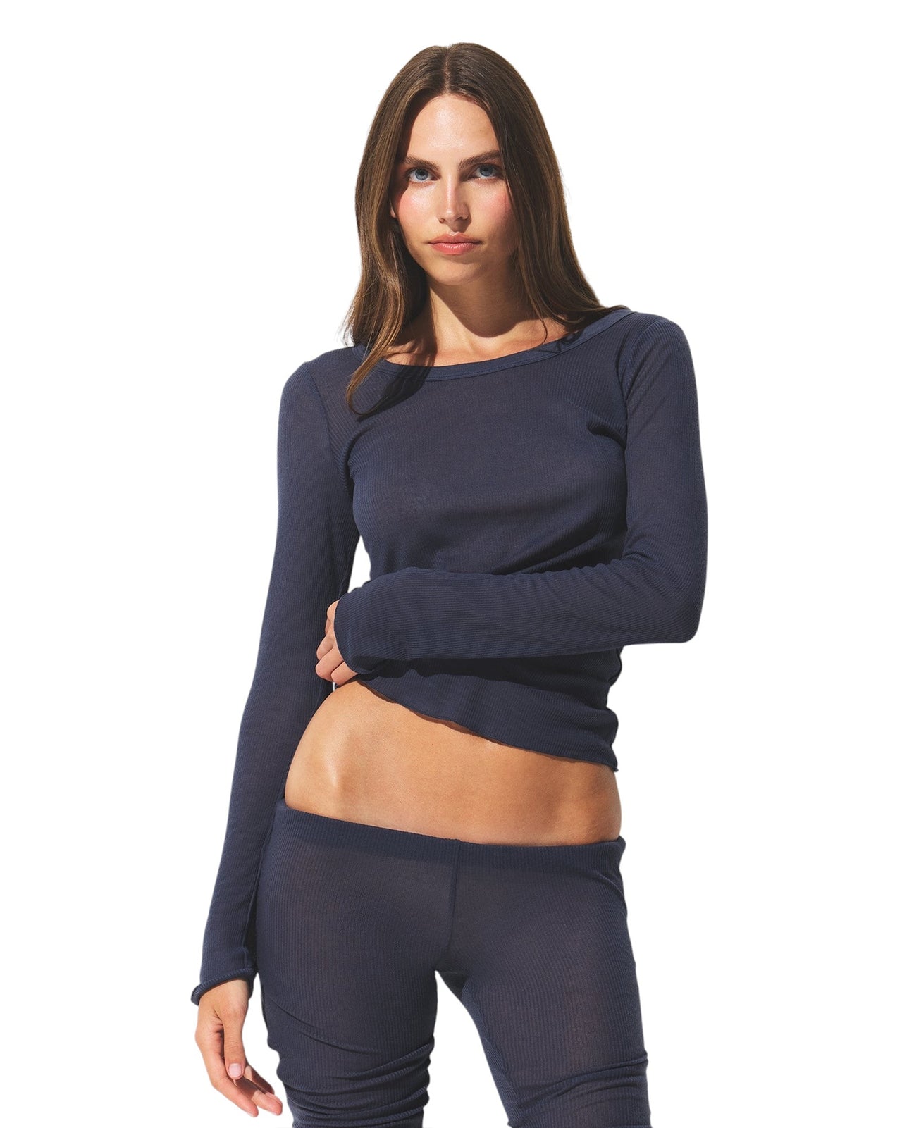 Skims Long Sleeve Crew Neck Top Navy