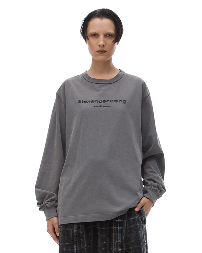 Alexander Wang Glitter Puff Logo Long-Sleeve Tee in Cotton Washed Granite