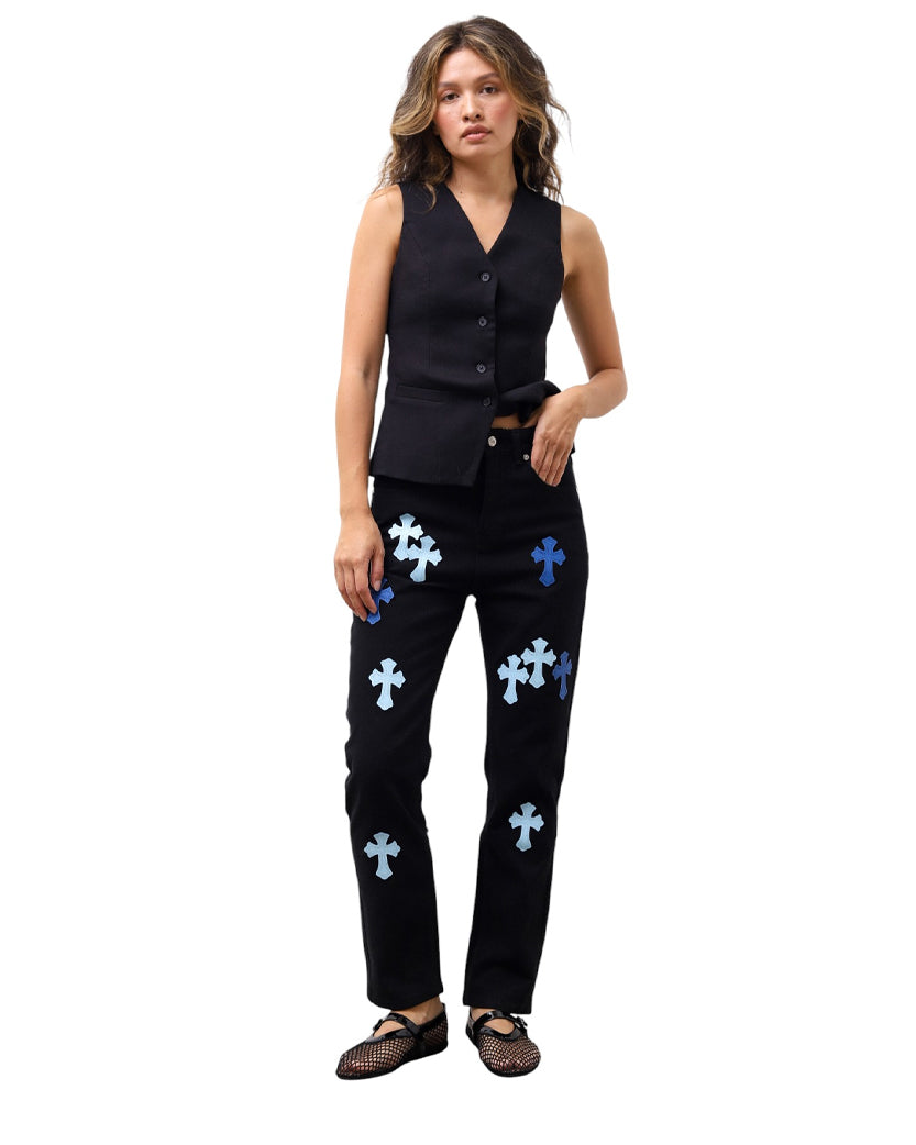 Chrome Hearts Jeans with Blue Cross Black CH125-BK