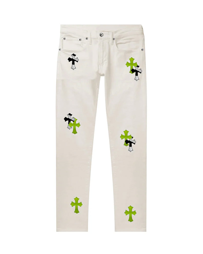 Chrome Hearts White Jeans with Neon Green & Zebra Cross Patches