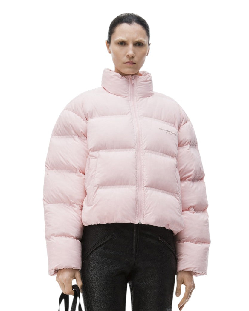 Alexander Wang Cropped Puffer Coat With Reflective Logo Pink