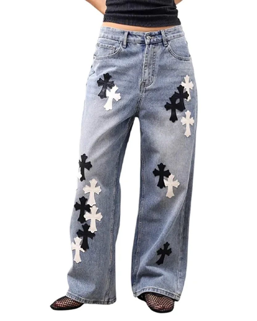Chrome Hearts Jeans with White and Black Leather Cross Washed Blue
