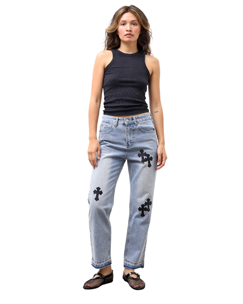 Chrome Hearts Jeans with Black Cross Light Blue CH127-LBL