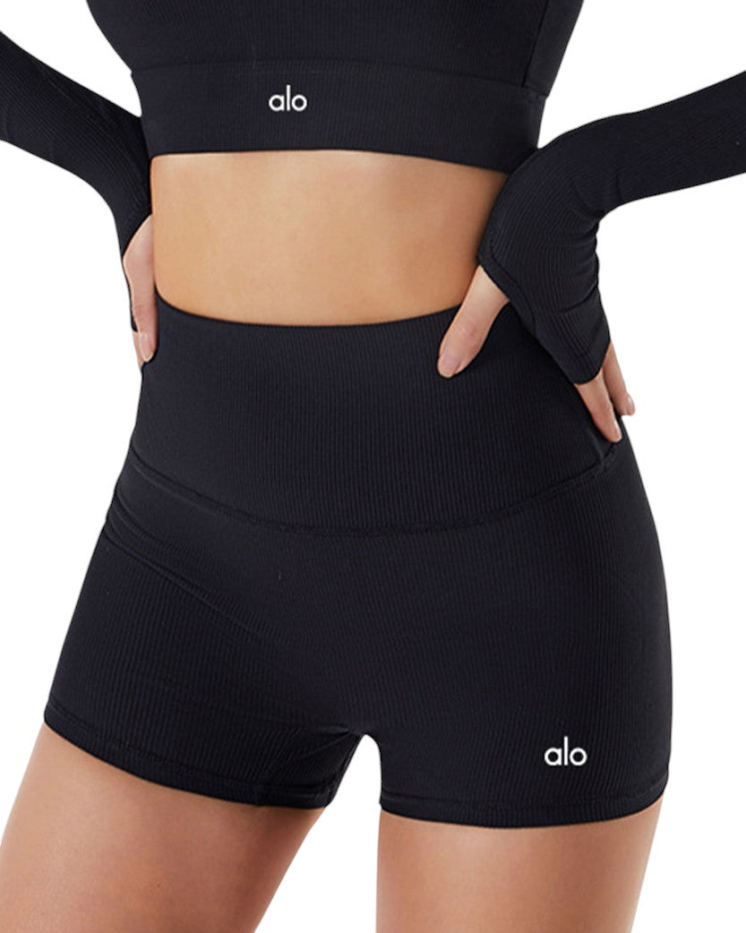 Alo Yoga Tight Fitting Ribbed Shorts Black 001-BK