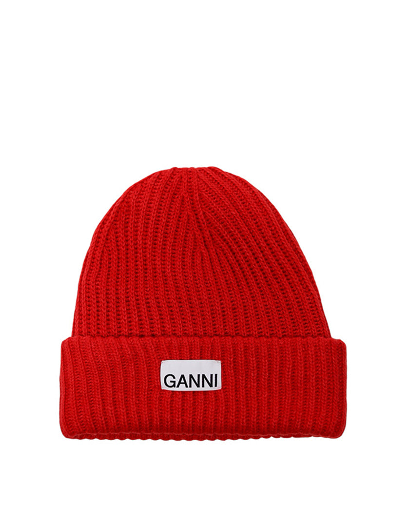 GANNI Wool Rib Knit Beanie Red