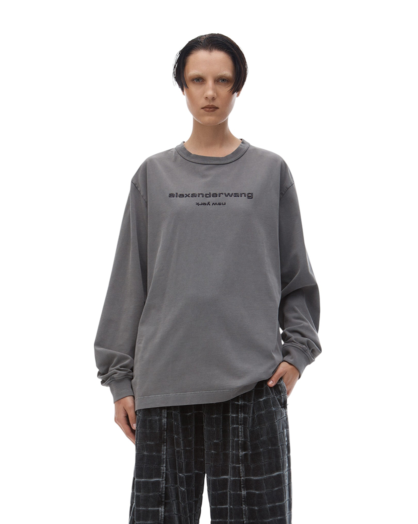 Alexander Wang Glitter Puff Logo Long-Sleeve Tee in Cotton Washed Granite