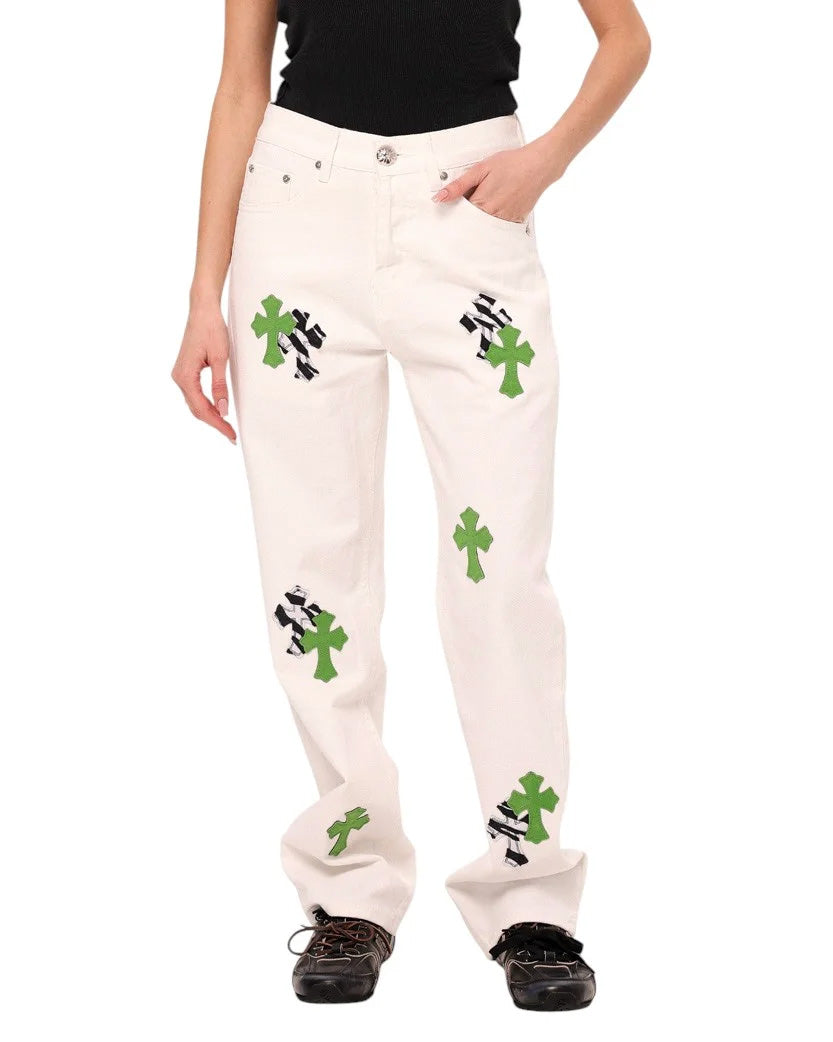 Chrome Hearts Jeans with Green and Black Cross White CH132-WT