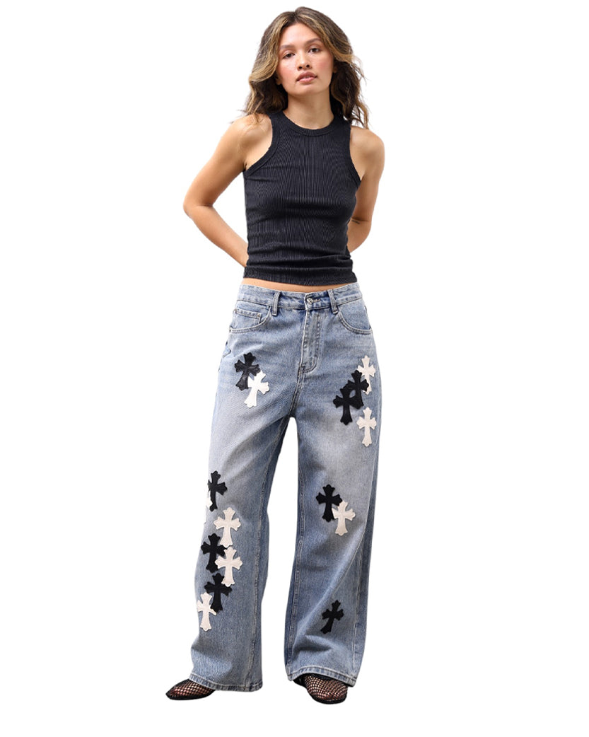 Chrome Hearts Jeans with White and Black Leather Cross Washed Blue