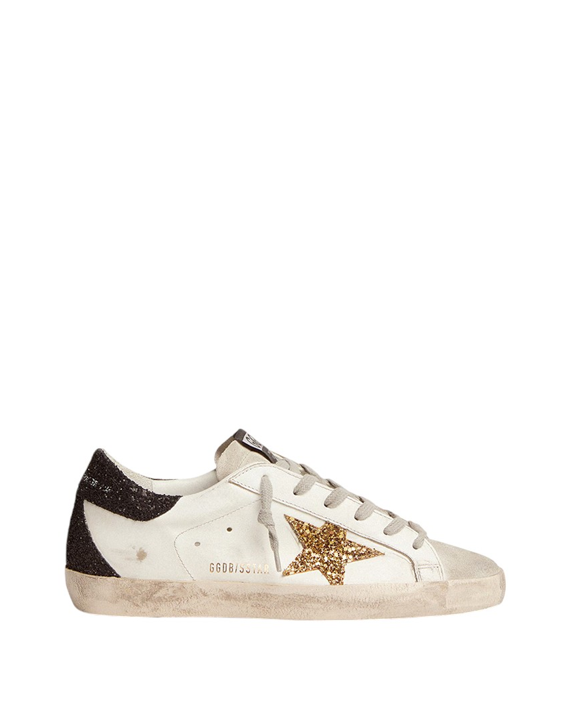 Golden Goose Super-Star with Gold Glitter Star and Black Glitter Heel Tab