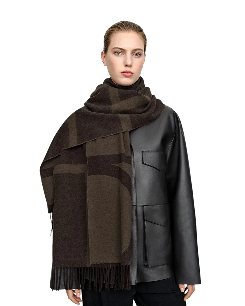 Toteme Monogram Jacquard Wool Scarf Dark Brown