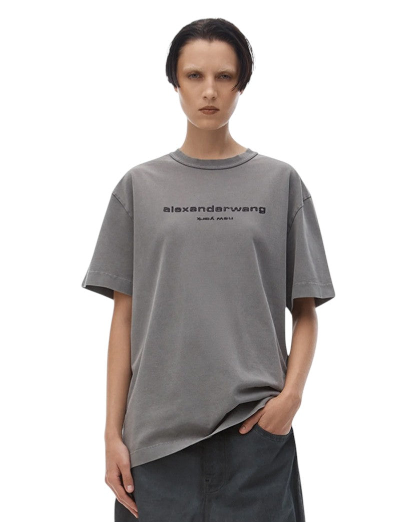 Alexander Wang Glitter Puff Logo Tee in Cotton Washed Granite