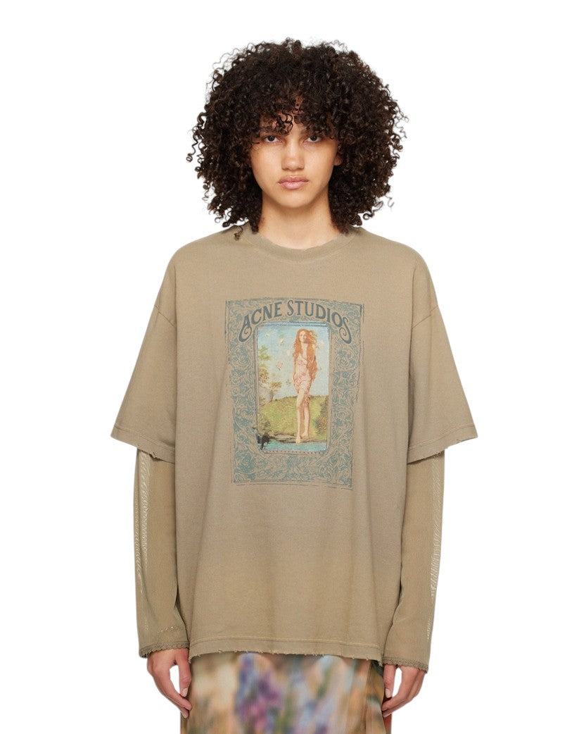 Лонгслів Acne Studios Edra Layered Mesh-Sleeved T-Shirt Taupe
