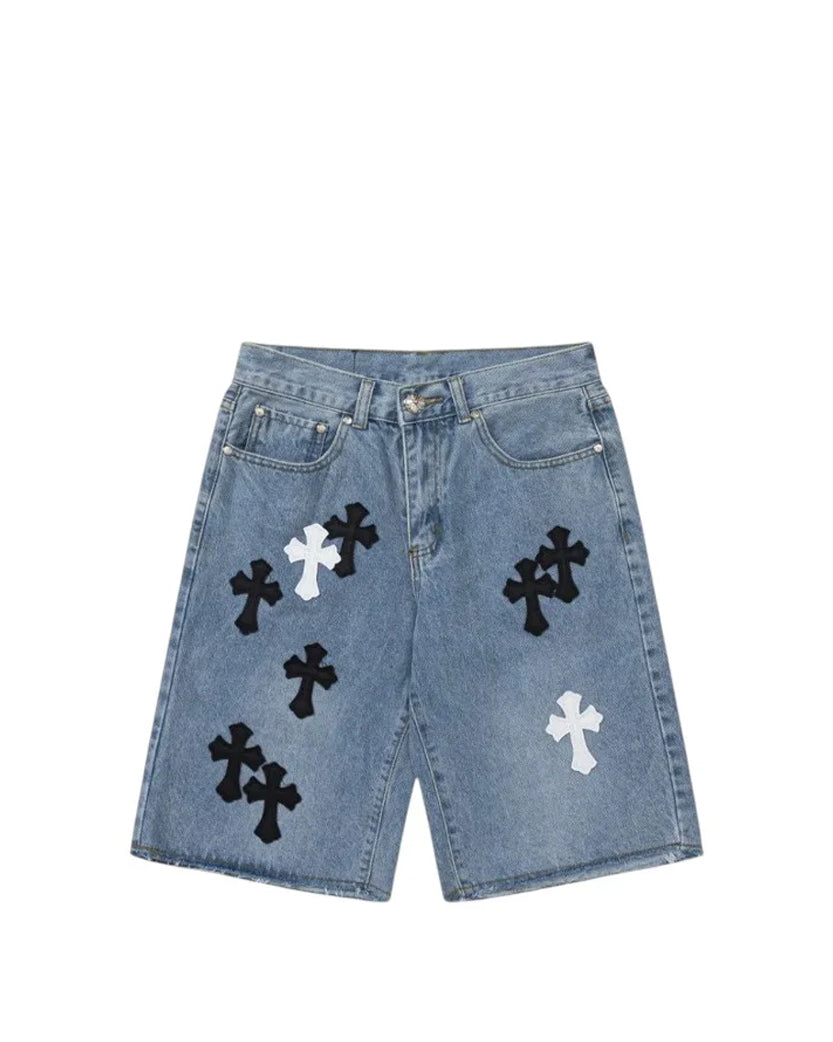 Chrome Hearts Denim Shorts with Black and White Cross Blue CH146-BL