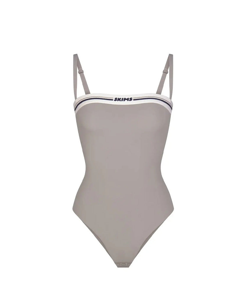 Skims Fits Everybody Logo Straight Neck Bodysuit Smoke