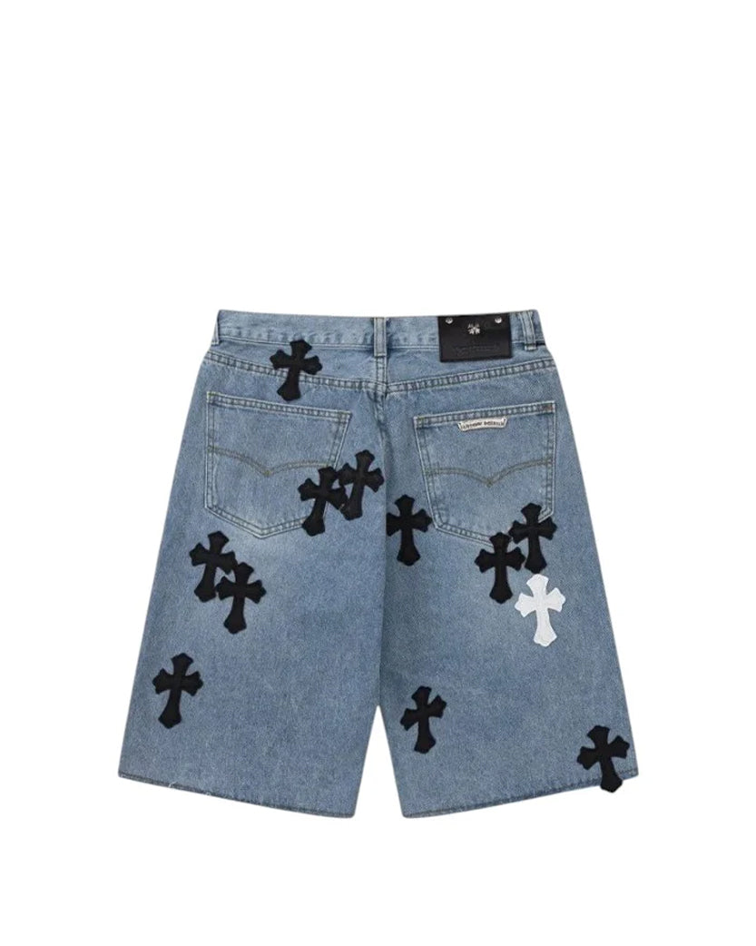 Chrome Hearts Denim Shorts with Black and White Cross Blue CH146-BL