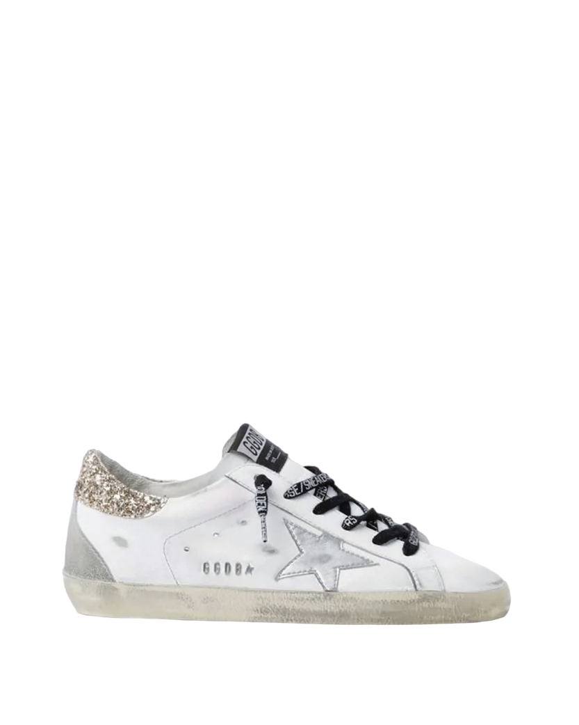 Golden Goose White Superstar Sneakers With Golden Glitter