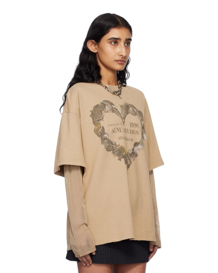 Acne Studios Floragatan Layered Print T-Shirt Sand Beige