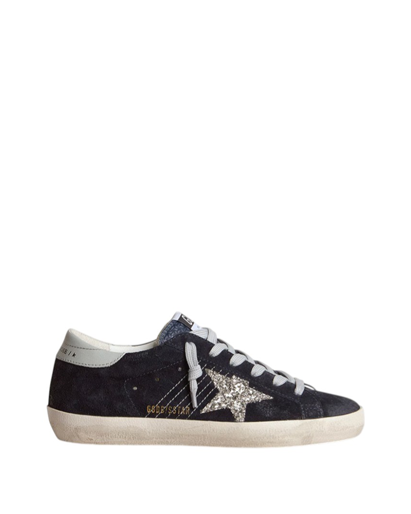 Golden Goose Super-Star in Blue Suede with Silver Glitter Star