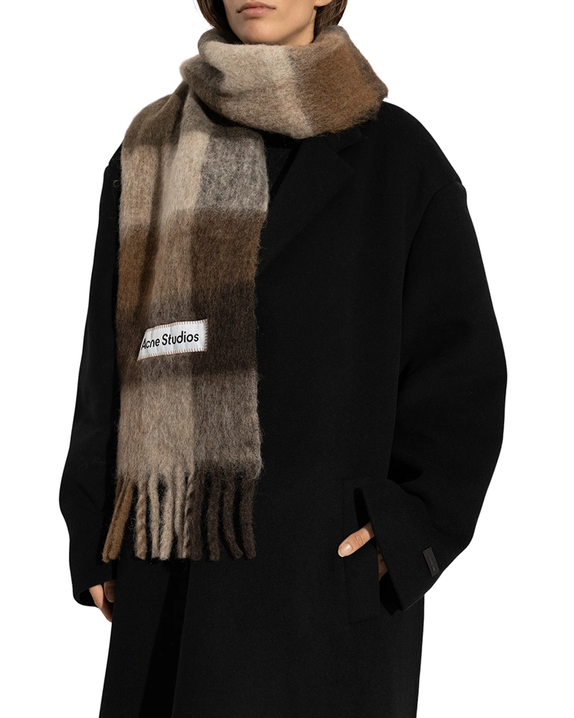 Acne Studios Checked Wool Fringe Scarf Dark Brown/White/Brown