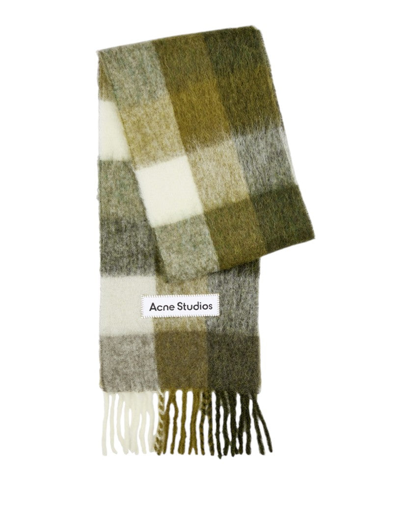 Acne Studios Checked Wool Fringe Scarf Taupe/Green/Black