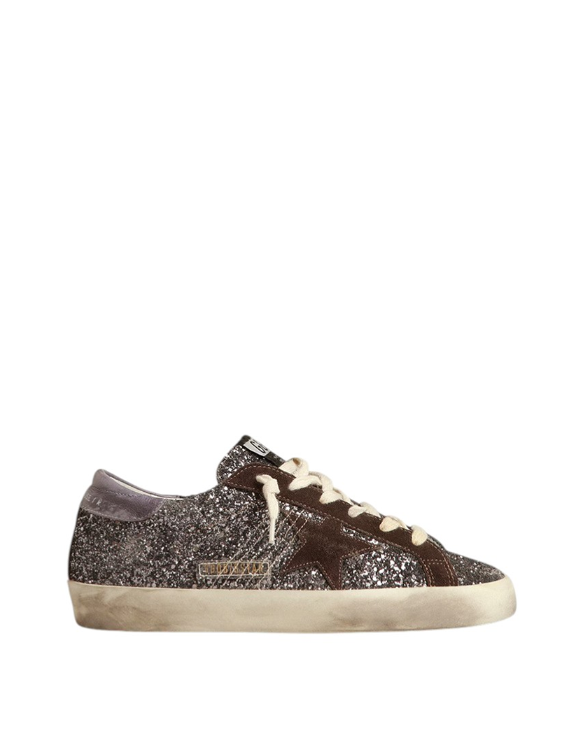 Golden Goose Super-Star in Glitter with Brown Star and Lilac Heel Tab
