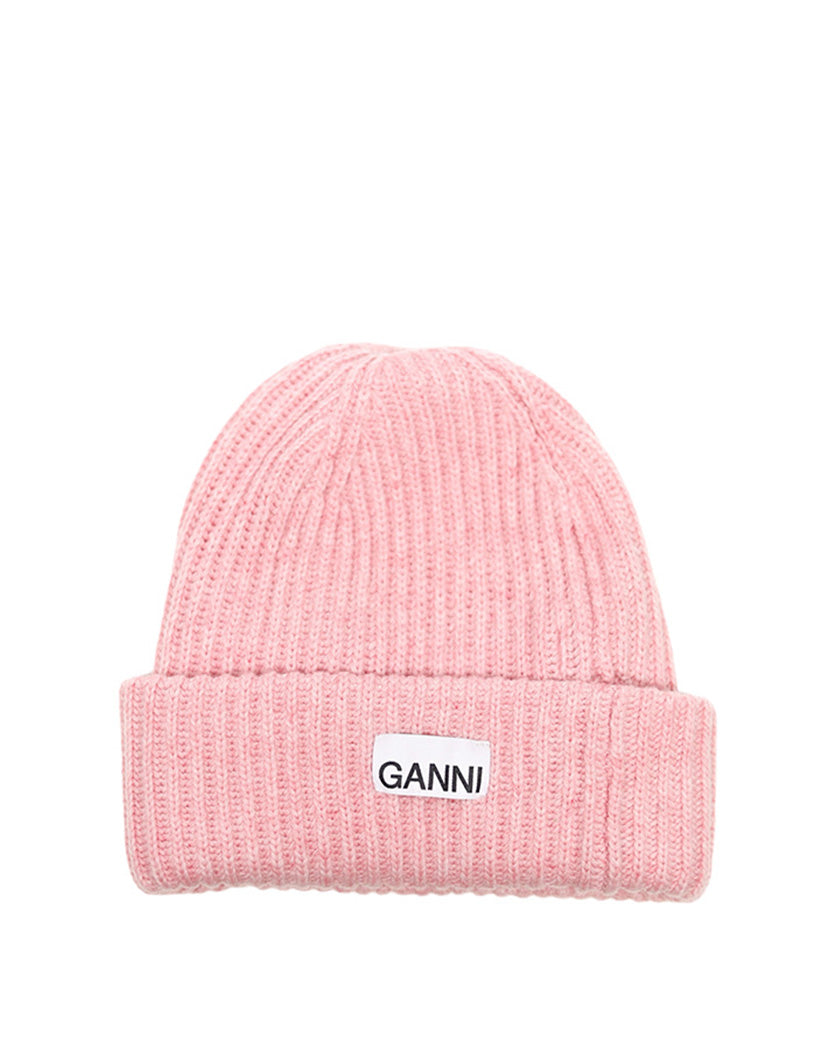 GANNI Wool Rib Knit Beanie Pink