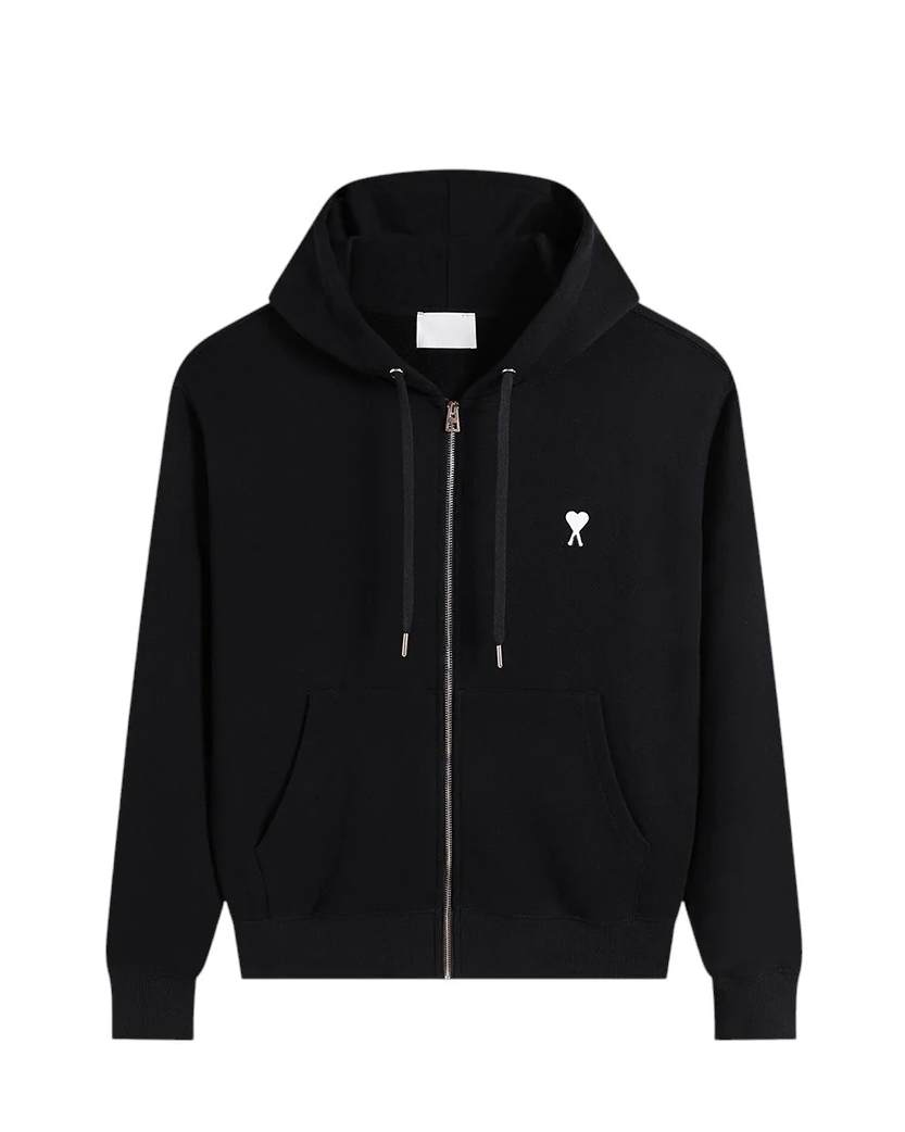 AMI Paris Ami De Coeur White Heart Zipped Hoodie Black