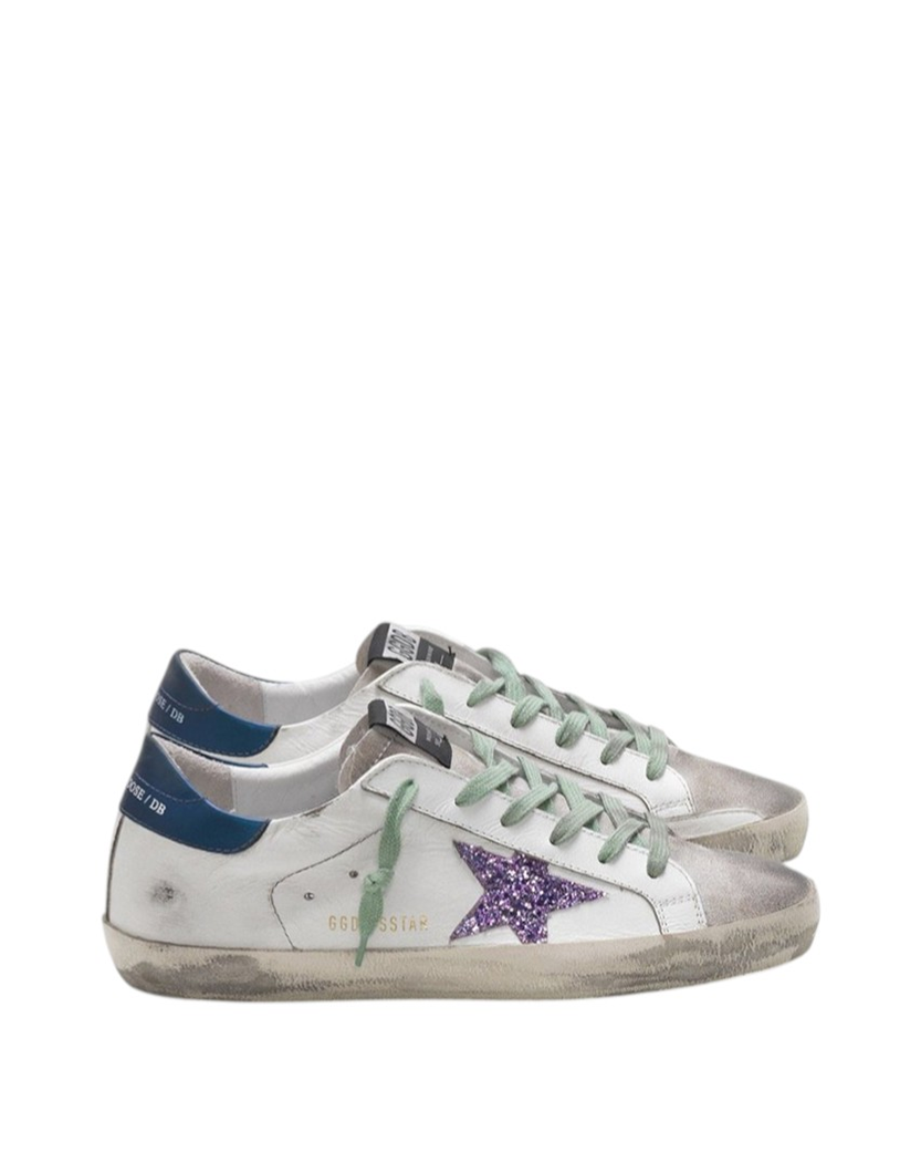 Golden Goose Super-Star in White Blue with Pink Glitter Star