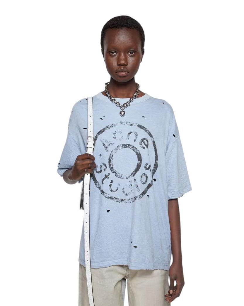 Acne Studios Distressed Logo Print T-Shirt Blue Melange