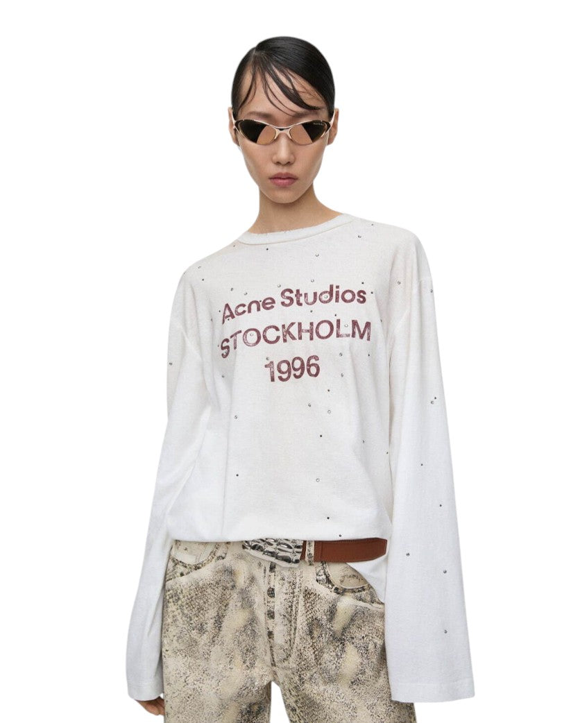 Acne Studios Stamp Logo Rhinestones Long Sleeve Dusty White