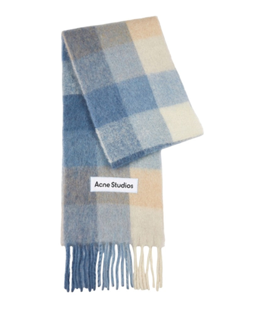 Acne Studios Checked Wool Fringe Scarf Pastel Blue/Beige