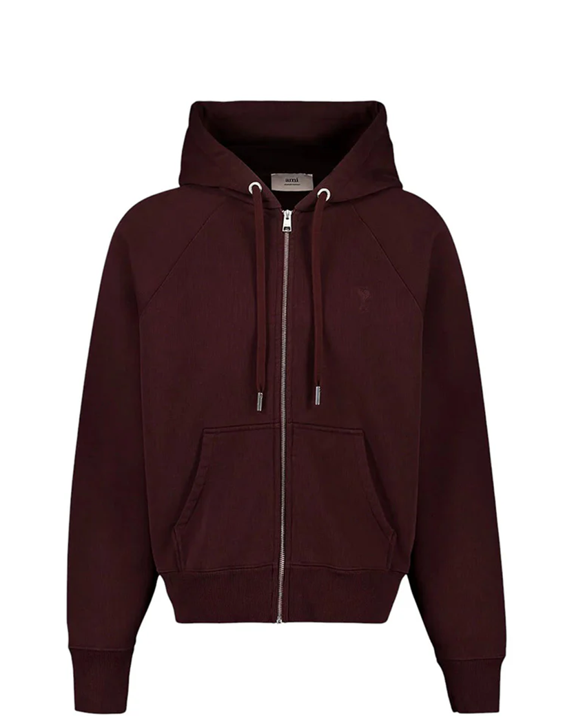 AMI Paris Ami De Coeur Small Heart Zipped Hoodie Burgundy