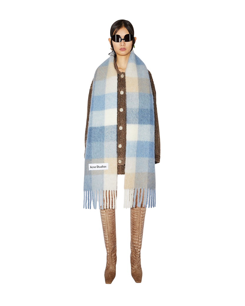 Acne Studios Checked Wool Fringe Scarf Pastel Blue/Beige