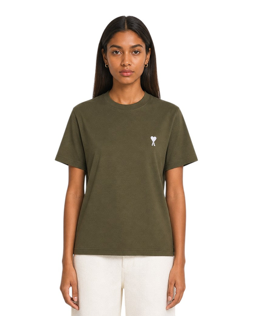 AMI Paris Ami De Coeur White Heart T-Shirt Military Green